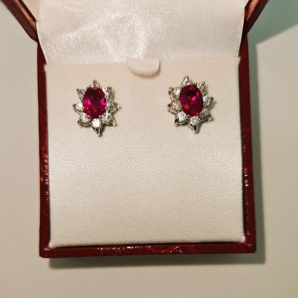 Simulated Ruby Red/White Oval Stud Earrings - Picture 7 of 12